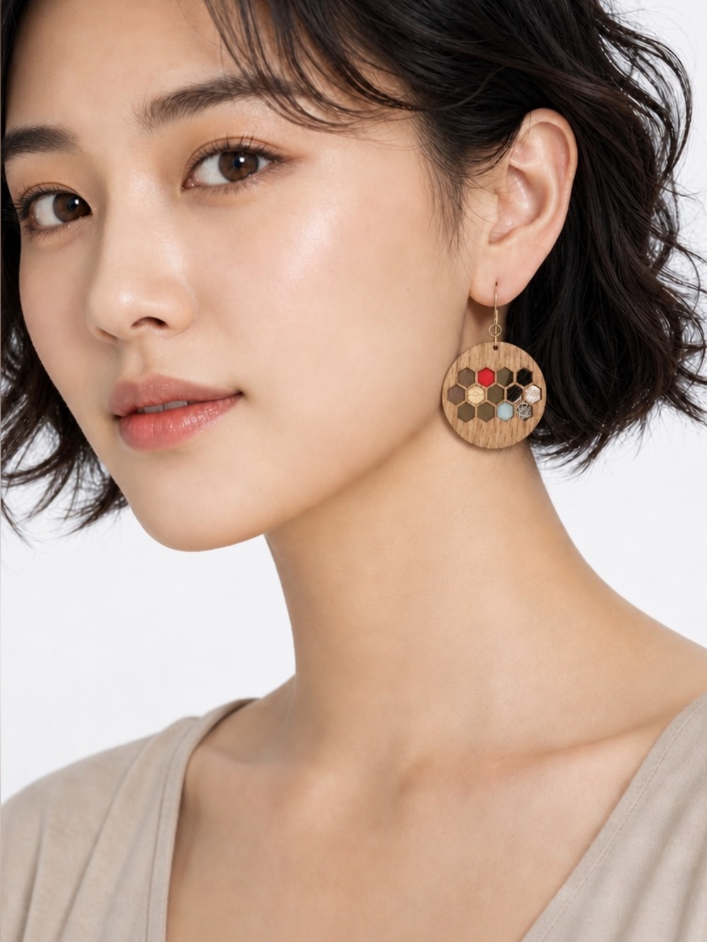 Handcrafted Honeycomb Walnut Wood Earrings with Red, Gold & Cream Accents